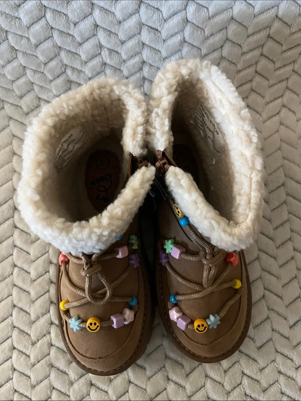 art class Brown Kids Boots with Cream Faux Shearling and Multicolor Bead Accents
